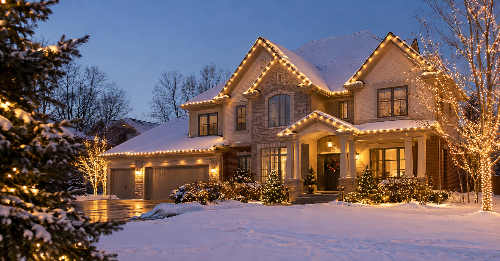 Illustration of a home aglow with holiday lighting at night